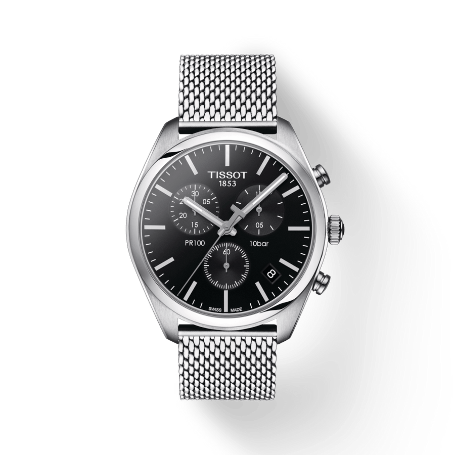 Tissot PR 100 Chronograph Black Dial Silver Mesh Bracelet Watch For Men - T101.417.11.051.01