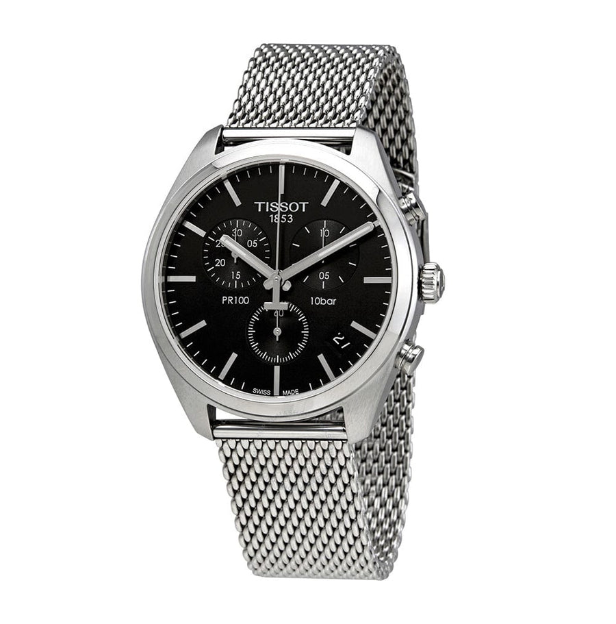 Tissot PR 100 Chronograph Black Dial Silver Mesh Bracelet Watch For Men - T101.417.11.051.01