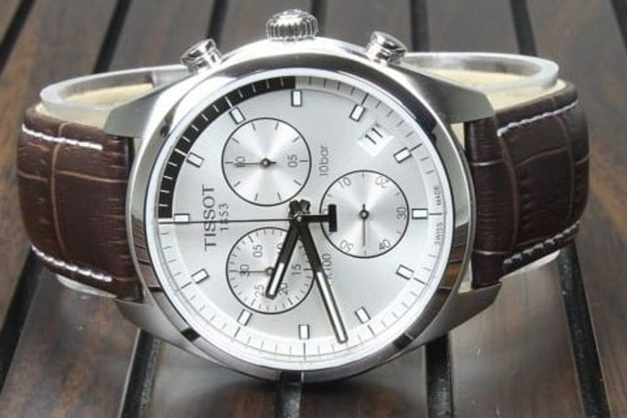 Tissot PR 100 Chronograph Silver Dial Brown Leather Strap Watch for Men - T101.417.16.031.00