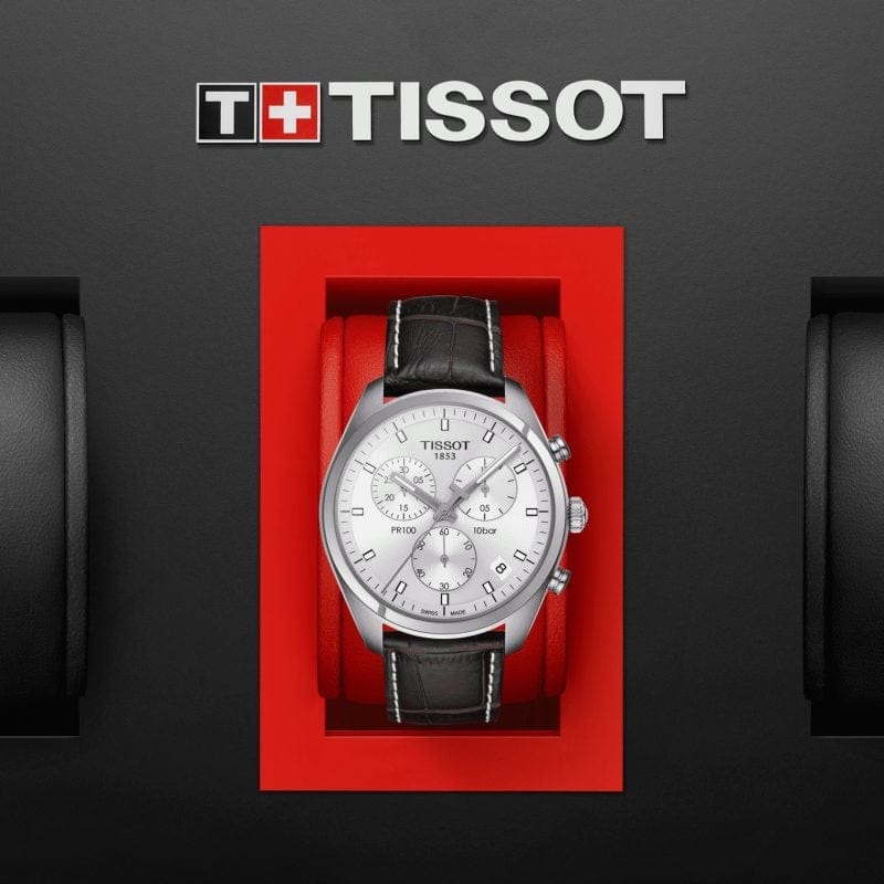 Tissot PR 100 Chronograph Silver Dial Brown Leather Strap Watch for Men - T101.417.16.031.00