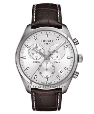 Tissot PR 100 Chronograph Silver Dial Brown Leather Strap Watch for Men - T101.417.16.031.00