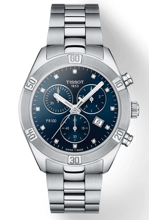 Tissot PR 100 Sport Chic Chronograph Diamonds Blue Dial Silver Steel Strap Watch for Women - T101.917.11.046.00