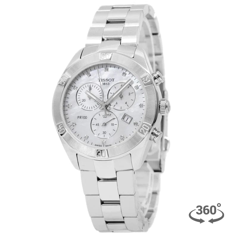 Tissot PR 100 Sport Chic Chronograph Diamonds Mother of Pearl Dial Silver Steel Strap Watch for Women - T101.917.11.116.00