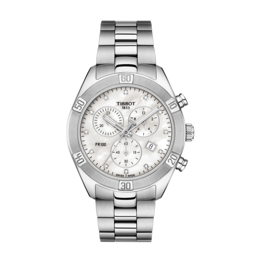 Tissot PR 100 Sport Chic Chronograph Diamonds Mother of Pearl Dial Silver Steel Strap Watch for Women - T101.917.11.116.00