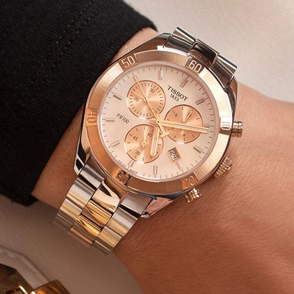 Tissot PR 100 Sport Chic Chronograph Diamonds Mother of Pearl Dial Two Tone Steel Strap Watch for Women - T101.917.22.116.00