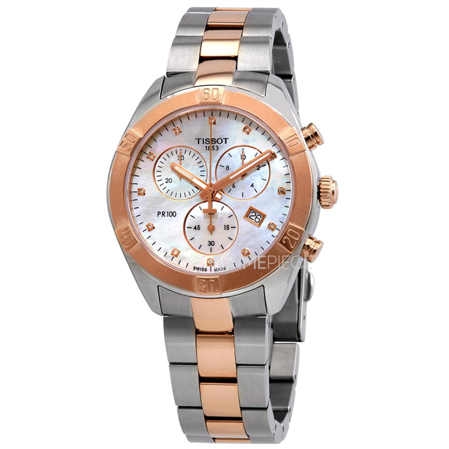 Tissot PR 100 Sport Chic Chronograph Diamonds Mother of Pearl Dial Two Tone Steel Strap Watch for Women - T101.917.22.116.00