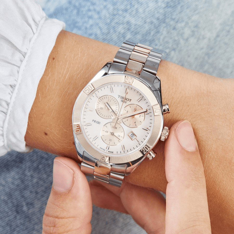 Tissot PR 100 Sport Chic Chronograph Silver Dial Two Tone Steel Strap Watch For Women - T101.917.22.031.00