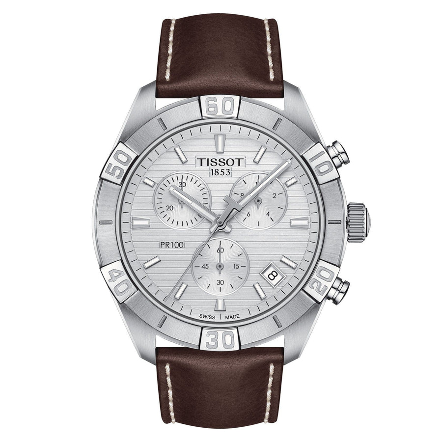 Tissot PR 100 Sport Quartz Chronograph Silver Dial Brown Leather Strap Watch For Men - T101.617.16.031.00