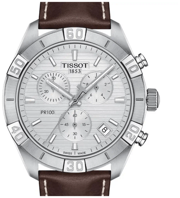 Tissot PR 100 Sport Quartz Chronograph Silver Dial Brown Leather Strap Watch For Men - T101.617.16.031.00
