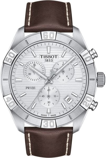 Tissot PR 100 Sport Quartz Chronograph Silver Dial Brown Leather Strap Watch For Men - T101.617.16.031.00