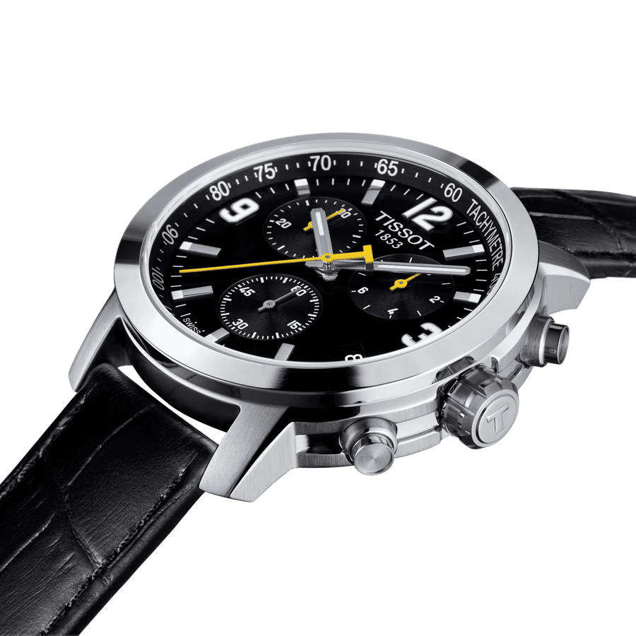 Tissot PRC 200 Chronograph Black Dial Black Leather Strap Watch For Men - T055.417.16.057.00