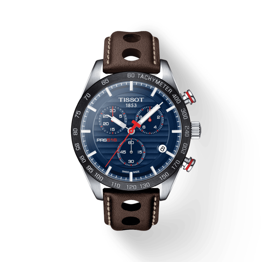 Tissot PRS 516 Chronograph Blue Dial Brown Leather Strap Watch For Men - T100.417.16.041.00