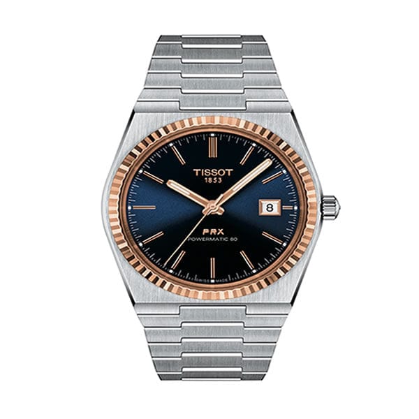 Tissot PRX Powermatic 80 Automatic 18K Gold Blue Dial Silver Steel Strap Watch for Men - T931.407.41.041.00
