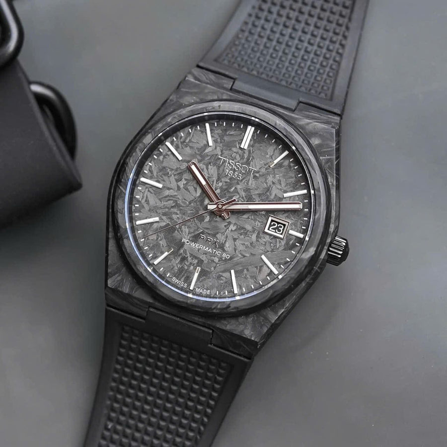 Tissot PRX Powermatic 80 Carbon Black Dial Black Rubber Strap Watch for Men - T137.907.97.201.00