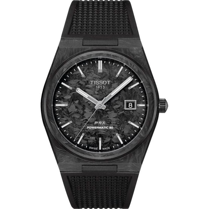 Tissot PRX Powermatic 80 Carbon Black Dial Black Rubber Strap Watch for Men - T137.907.97.201.00