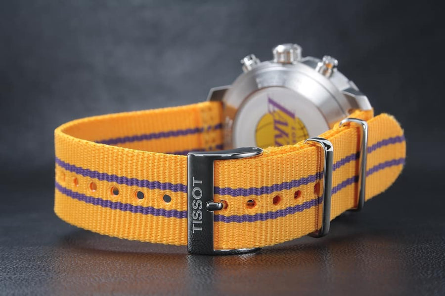 Tissot Quickster Chronograph NBA LA Lakers White Dial Yellow NATO Strap Watch for Men - T095.417.17.037.05