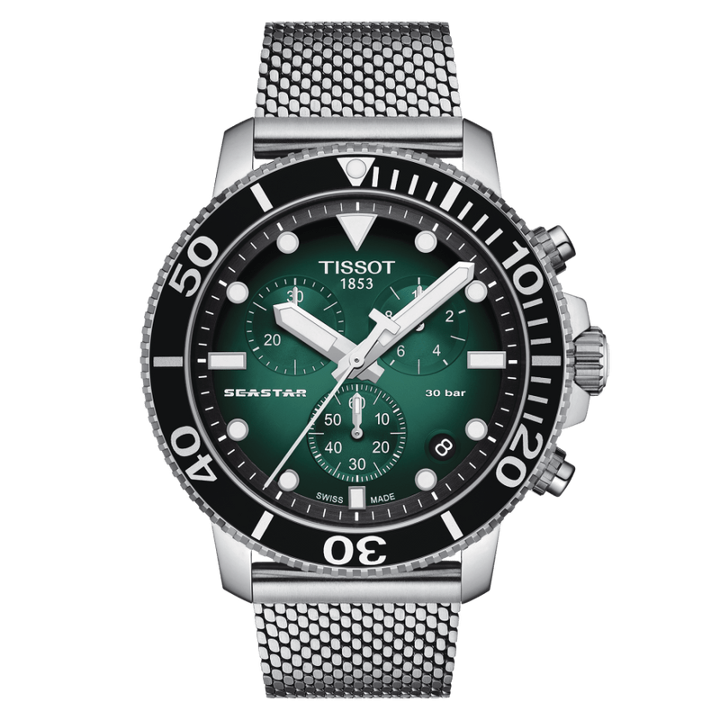 Tissot Seastar 1000 Chronograph Green Dial Silver Mesh Bracelet Watch For Men - T120.417.11.091.00
