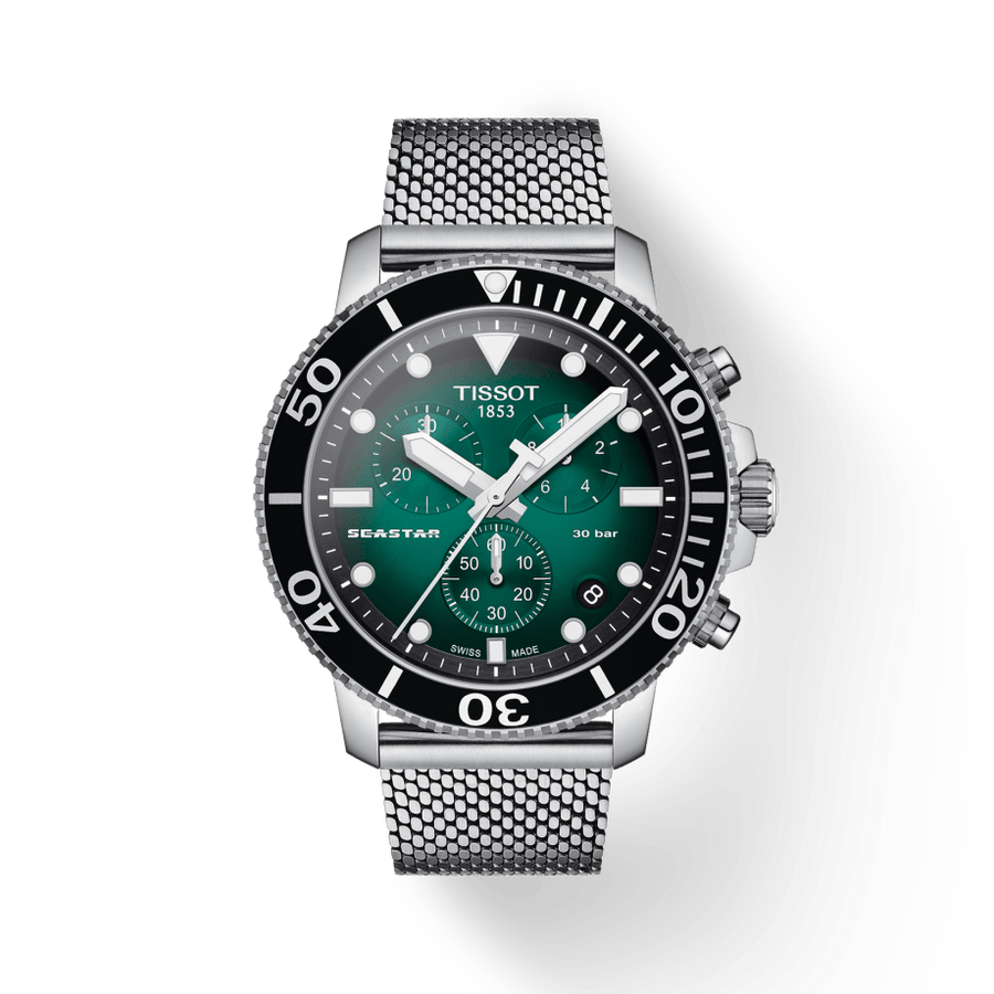 Tissot Seastar 1000 Chronograph Green Dial Silver Mesh Bracelet Watch For Men - T120.417.11.091.00