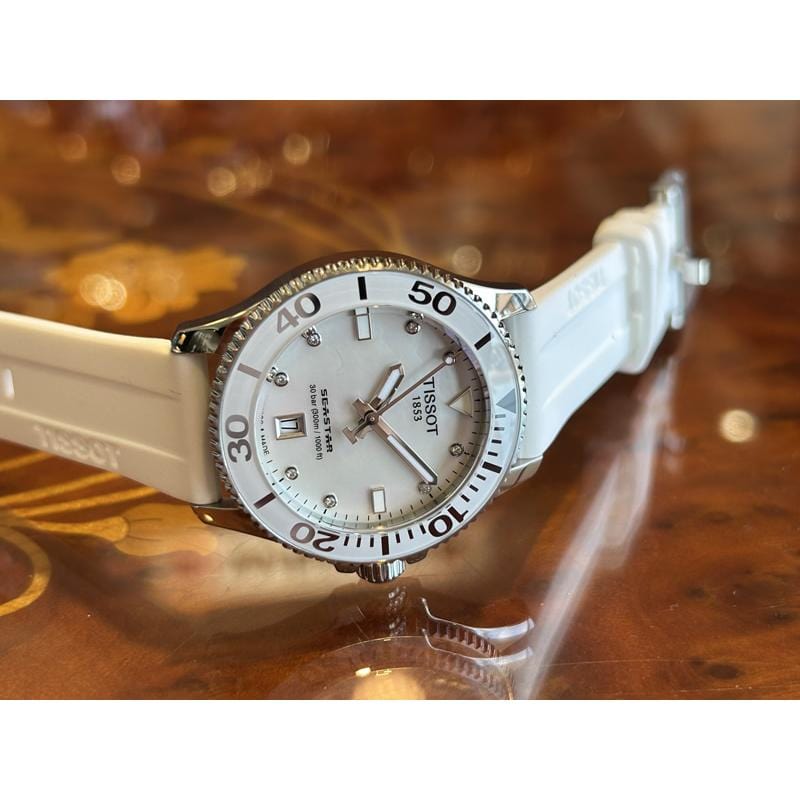 Tissot Seastar 1000 Mother of Pearl White Dial White Rubber Strap Watch for Women - T120.210.17.116.00