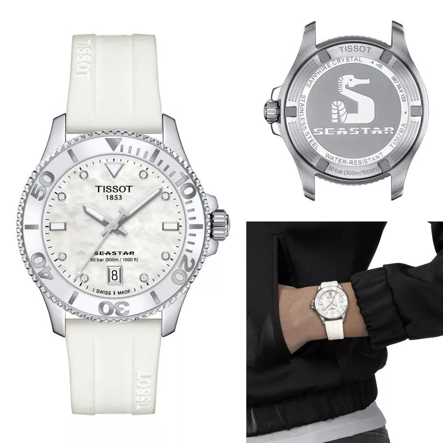 Tissot Seastar 1000 Mother of Pearl White Dial White Rubber Strap Watch for Women - T120.210.17.116.00