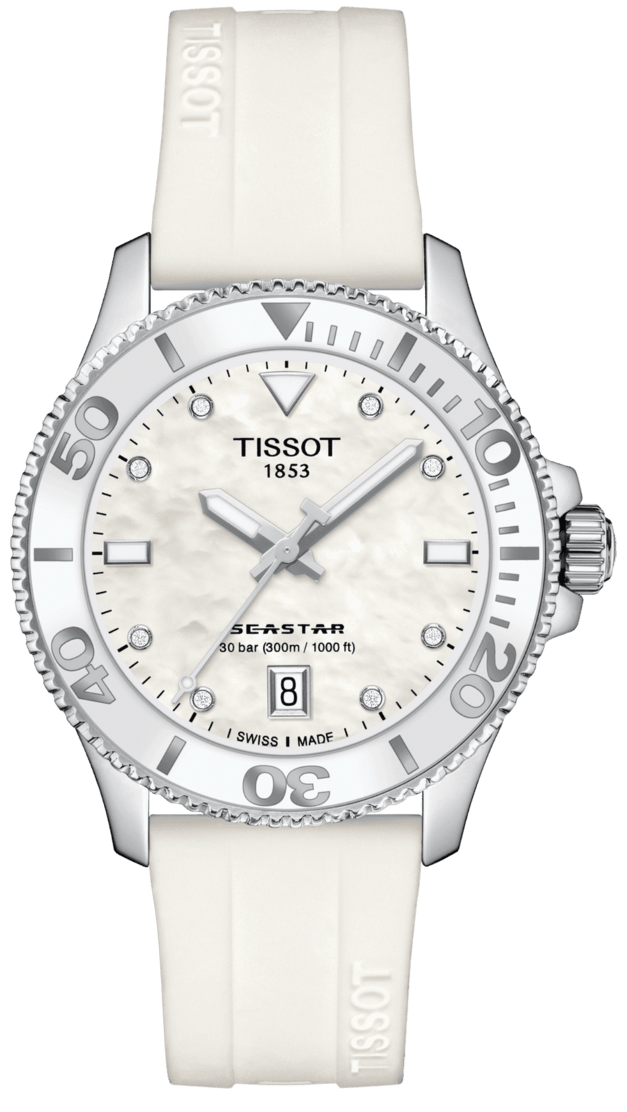 Tissot Seastar 1000 Mother of Pearl White Dial White Rubber Strap Watch for Women - T120.210.17.116.00