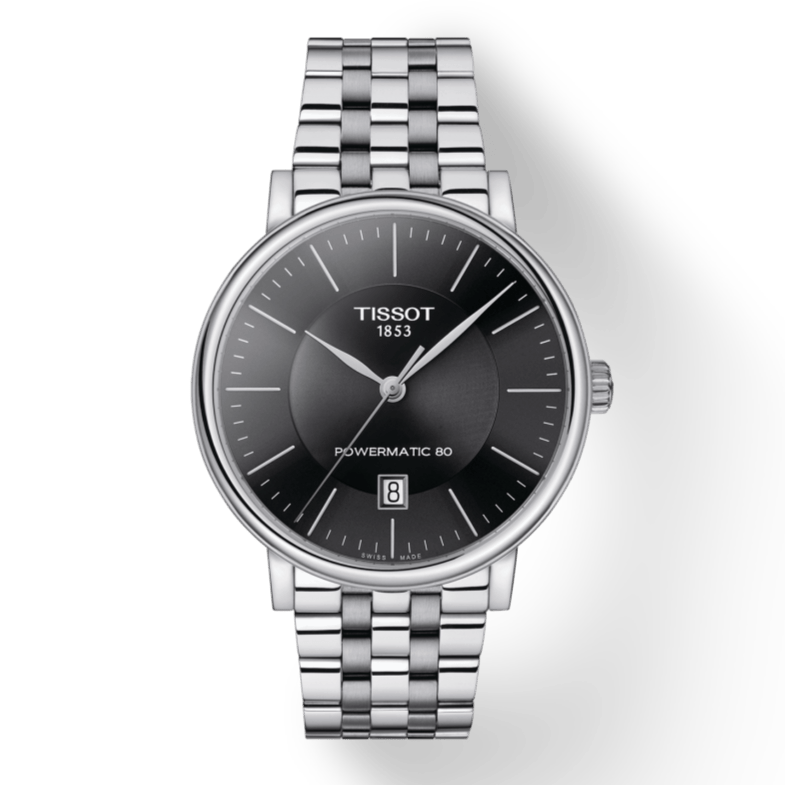 Tissot T Classic Carson Premium Powermatic 80 Black Dial Silver Steel Strap Watch For Men - T122.407.11.051.00