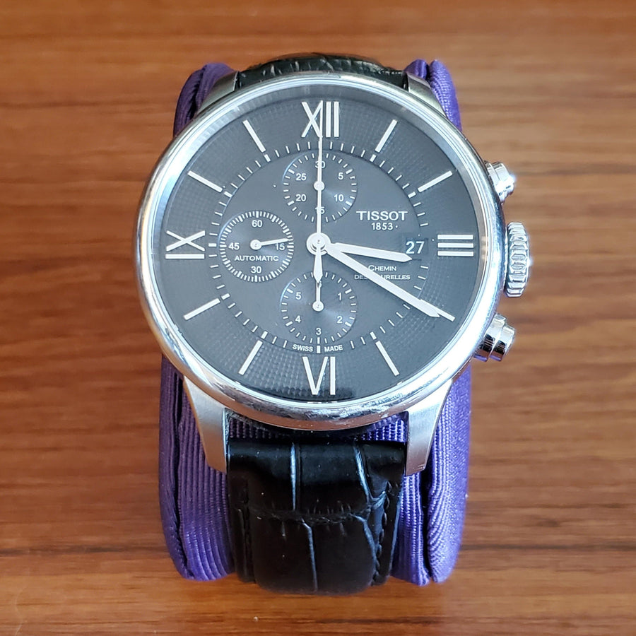 Tissot T Classic Chemin Des Tourelles Chronograph Black Dial Black Leather Strap Watch For Men - T099.427.16.058.00