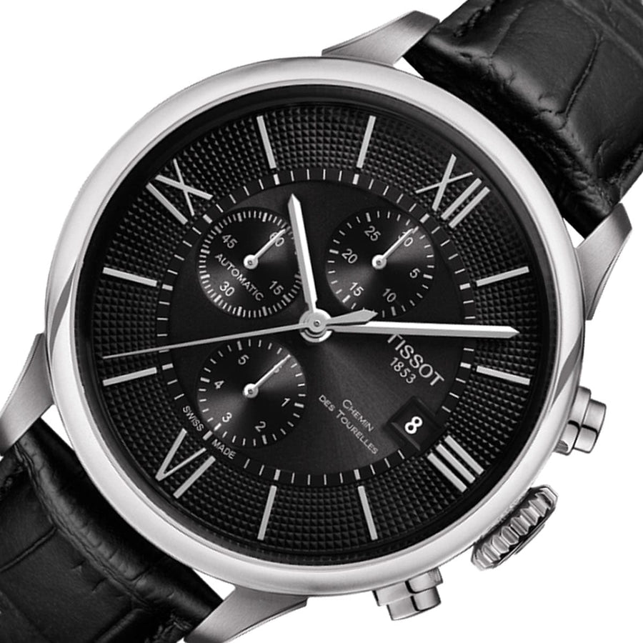 Tissot T Classic Chemin Des Tourelles Chronograph Black Dial Black Leather Strap Watch For Men - T099.427.16.058.00