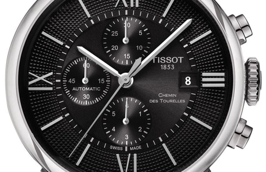 Tissot T Classic Chemin Des Tourelles Chronograph Black Dial Black Leather Strap Watch For Men - T099.427.16.058.00