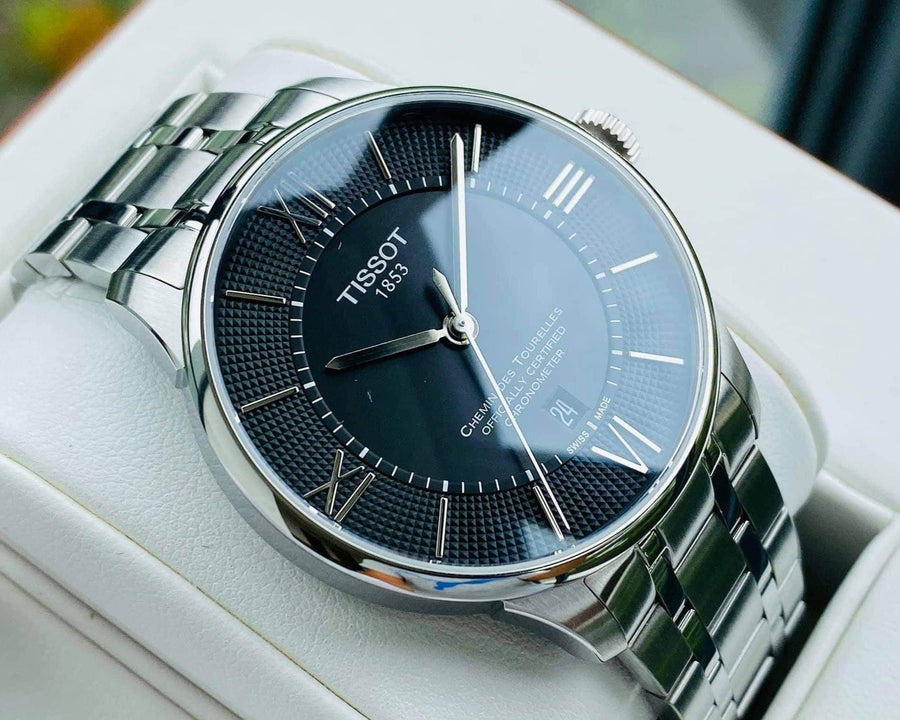 Tissot T Classic Chemin Des Tourelles Chronometer Black Dial Silver Steel Strap Watch For Men - T099.408.11.058.00