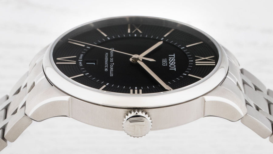 Tissot T Classic Chemin Des Tourelles Chronometer Black Dial Silver Steel Strap Watch For Men - T099.408.11.058.00