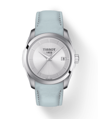 Tissot T Classic Couturier Silver Dial Light Blue Leather Strap Watch For Women - T035.210.16.031.02