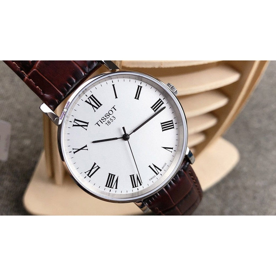 Tissot T Classic Everytime White Dial Brown Leather Strap Watch For Men - T109.410.16.033.00