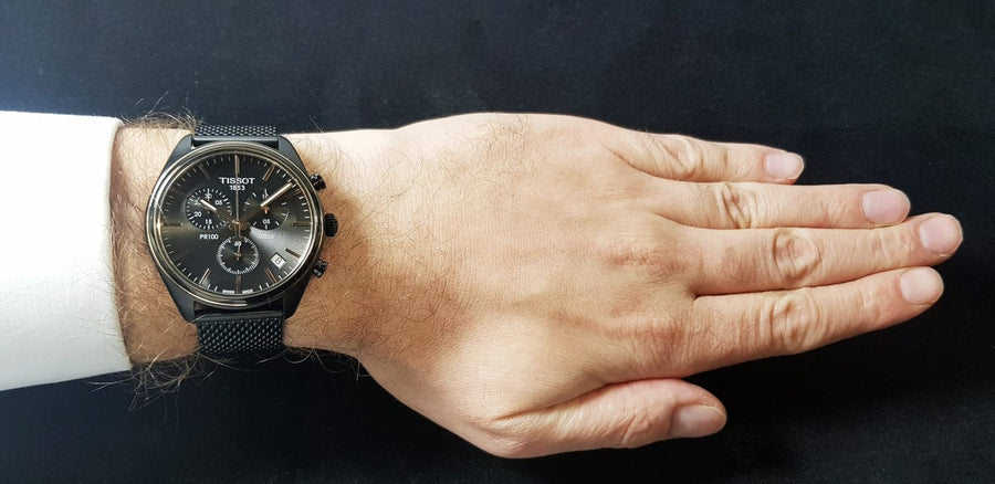 Tissot T Classic PR 100 Chronograph Anthracite Black Dial Black Mesh Bracelet Watch For Men - T101.417.23.061.00