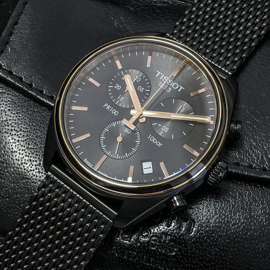 Tissot T Classic PR 100 Chronograph Anthracite Black Dial Black Mesh Bracelet Watch For Men - T101.417.23.061.00