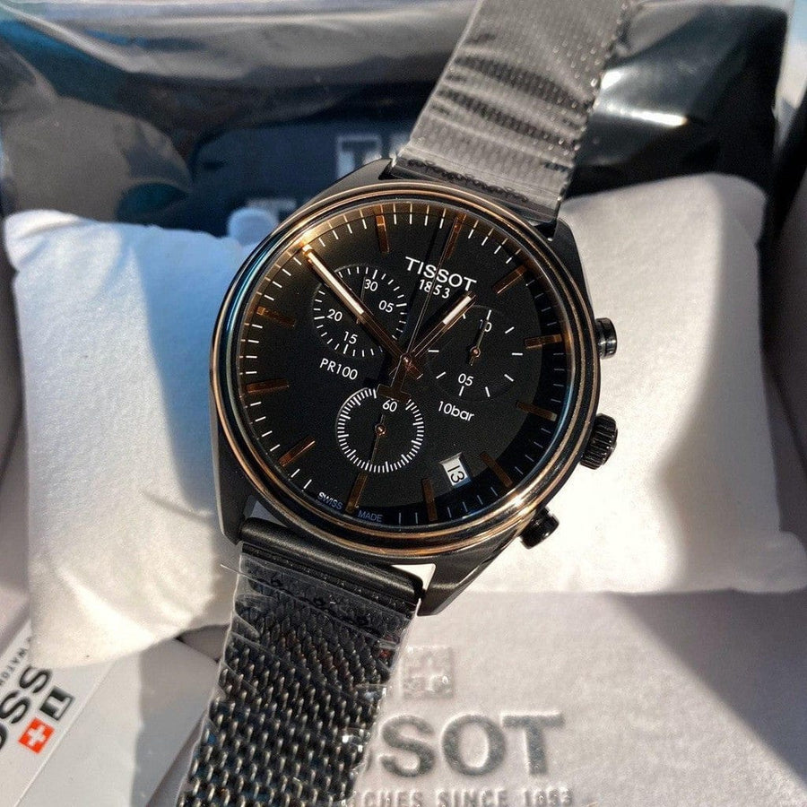 Tissot T Classic PR 100 Chronograph Anthracite Black Dial Black Mesh Bracelet Watch For Men - T101.417.23.061.00