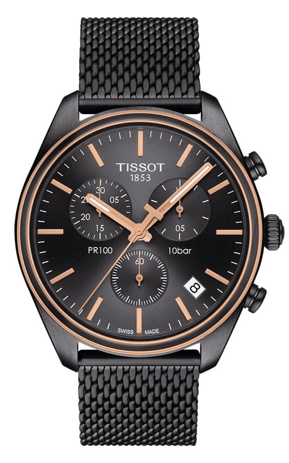 Tissot T Classic PR 100 Chronograph Anthracite Black Dial Black Mesh Bracelet Watch For Men - T101.417.23.061.00