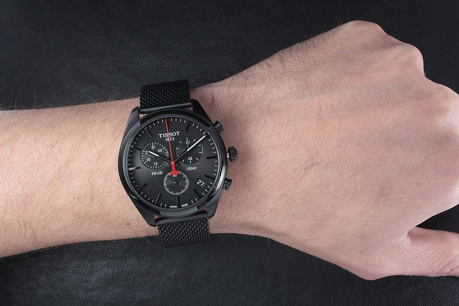 Tissot T Classic PR 100 Chronograph Black Dial Black Mesh Bracelet Watch For Men - T101.417.33.051.00