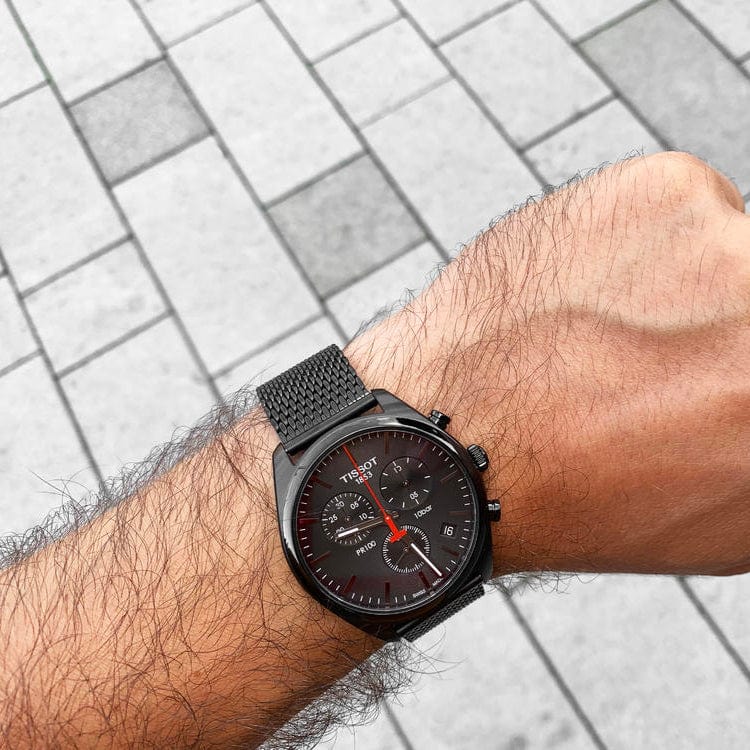 Tissot T Classic PR 100 Chronograph Black Dial Black Mesh Bracelet Watch For Men - T101.417.33.051.00