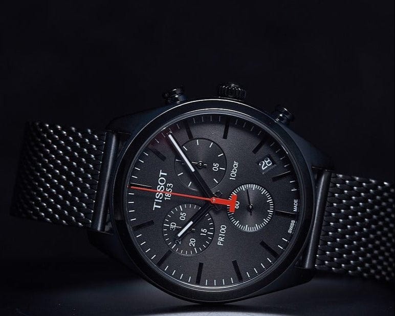 Tissot T Classic PR 100 Chronograph Black Dial Black Mesh Bracelet Watch For Men - T101.417.33.051.00