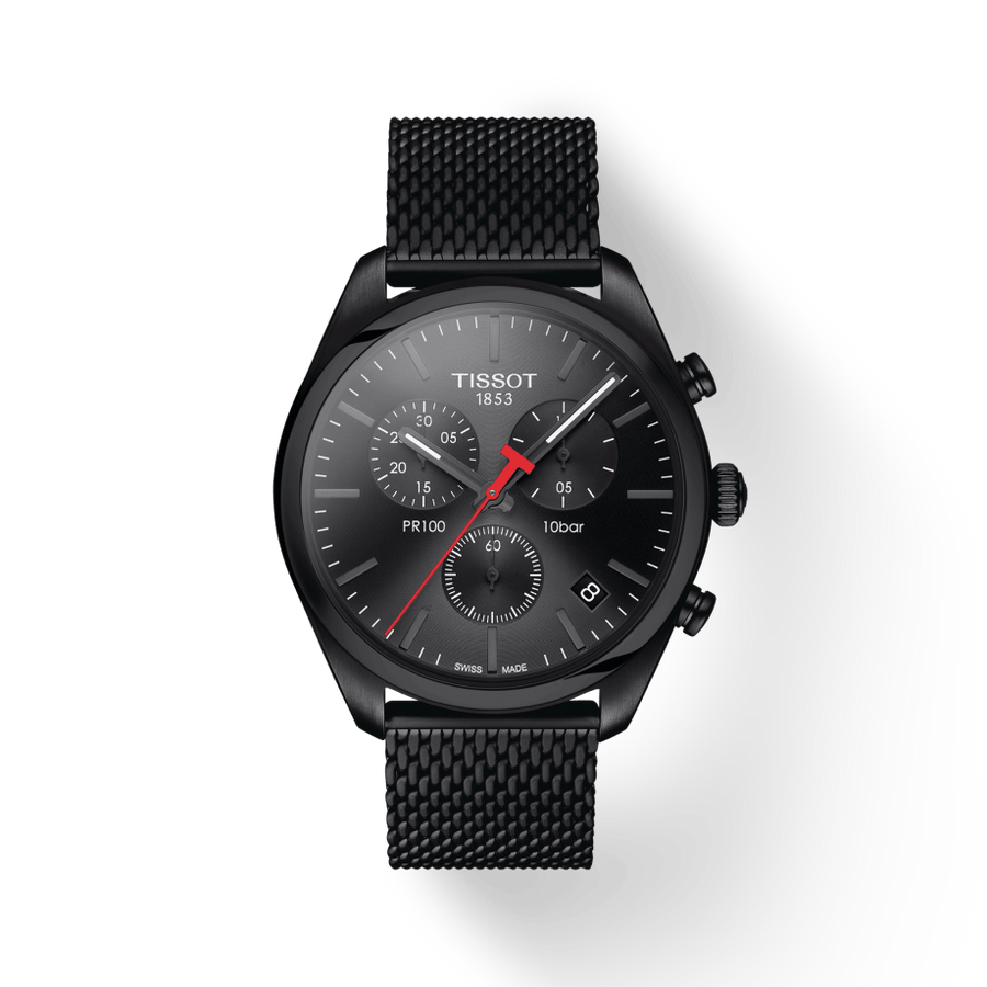 Tissot T Classic PR 100 Chronograph Black Dial Black Mesh Bracelet Watch For Men - T101.417.33.051.00