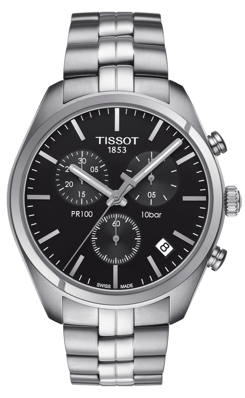 Tissot T Classic PR 100 Chronograph Black Dial Silver Steel Strap Watch for Men - T101.417.11.051.00