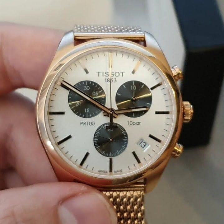 Tissot T Classic PR 100 Chronograph Silver Dial Rose Gold Mesh Bracelet Watch For Men - T101.417.33.031.01