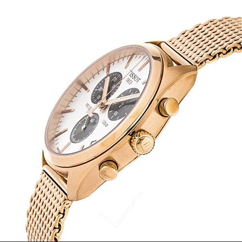 Tissot T Classic PR 100 Chronograph Silver Dial Rose Gold Mesh Bracelet Watch For Men - T101.417.33.031.01