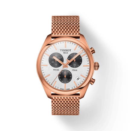 Tissot T Classic PR 100 Chronograph Silver Dial Rose Gold Mesh Bracelet Watch For Men - T101.417.33.031.01