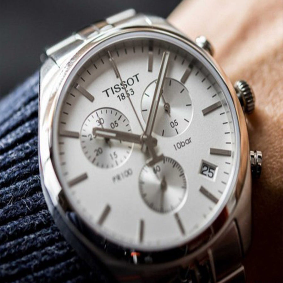 Tissot T Classic PR 100 Chronograph Silver Dial Silver Steel Strap Watch For Men - T101.417.11.031.00