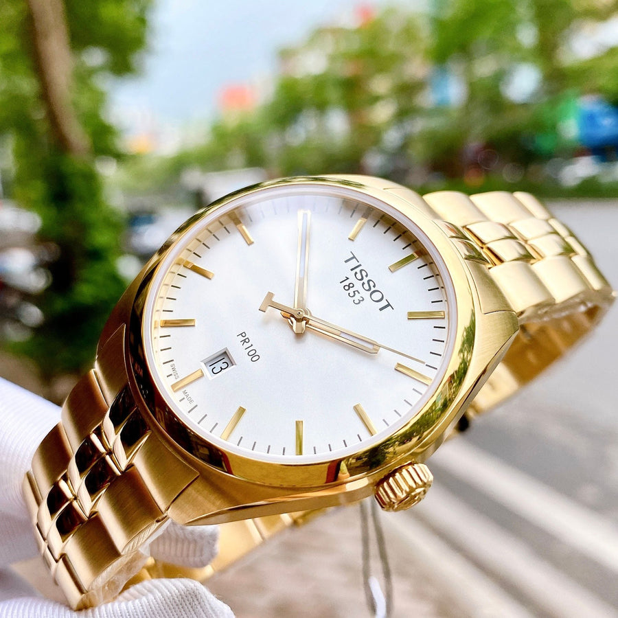 Tissot T Classic PR 100 Quartz White Dial Gold Steel Strap Watch for Men - T101.410.33.031.00