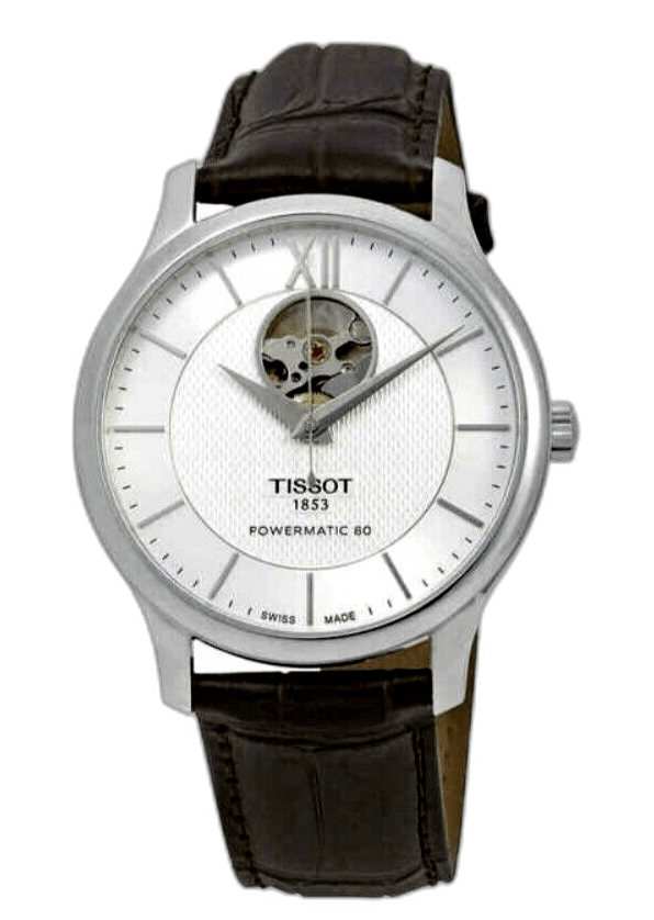 Tissot T Classic Tradition Powermatic 80 Open Heart Silver Dial Brown Leather Strap Watch for Men - T063.907.16.038.00