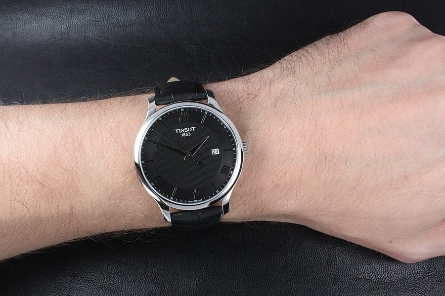 Tissot T Classic Tradition Quartz Black Dial Black Leather Strap Watch For Men - T063.610.16.058.00