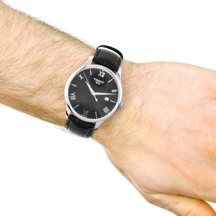 Tissot T Classic Tradition Quartz Black Dial Black Leather Strap Watch For Men - T063.610.16.058.00